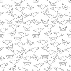 Obraz premium seamless black and white pattern with hearts, wings and love letters for valentines day, small scale