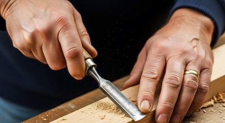 Carpenter hands chiseling wood with hand tool close up