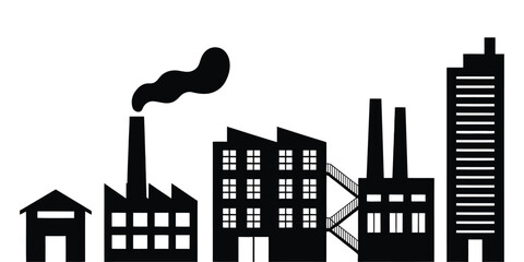 Obraz premium Factory and city skyline with industrial power plant silhouette icon vector
