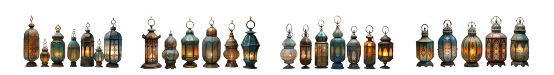 Assorted Middle Eastern Style Lanterns with Warm Glowing Light isolated on transparent background