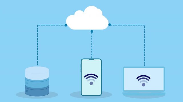 Flat vector illustration of a cloud connected to database server, smartphone, and laptop with wifi icons, representing wireless cloud data synchronization on a blue background.
