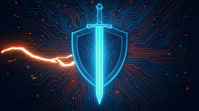 Digital defense system featuring glowing sword and shield. Electric pulses moving through circuit board patterns.