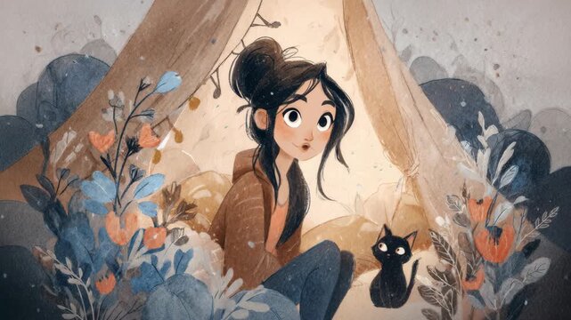 Simple 2D flat illustration of a woman in a cozy mountain tent, black ponytail, large expressive eyes, small cat companion, warm pastels, gentle lighting, watercolor washes, vintage storybook feel