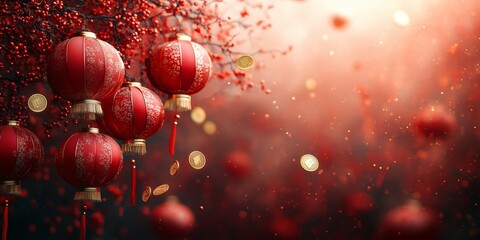 Obraz premium Chinese New Year background with traditional lanterns and sparkling bokeh, ideal for corporate greetings, events, and branding.