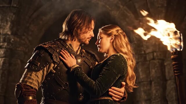 Romantic medieval couple kissing in torchlight warm stone chamber corridor, tender romantic embrace