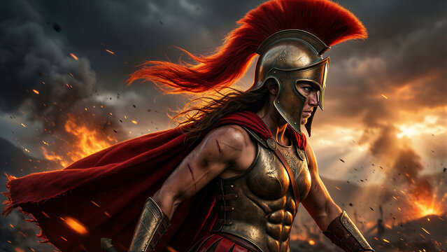 A brave spartan warrior in full battle gear standing against a fiery battlefield with red cape