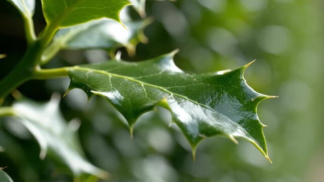 Close-up of a vibrant green holly leaf with sharp edges.