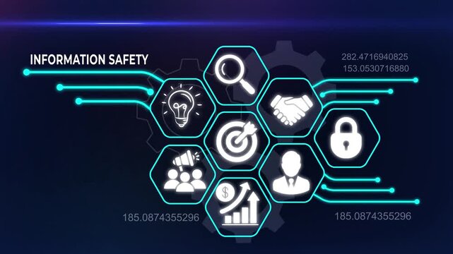 Information safety and cyber security concept with digital data protection icons on professional business background.