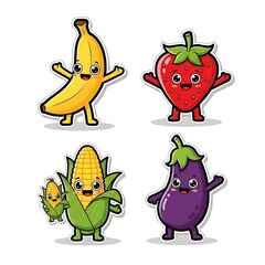 Cartoon fruits and vegetables with smiling faces standing and waving in a grid on a white background from a front view