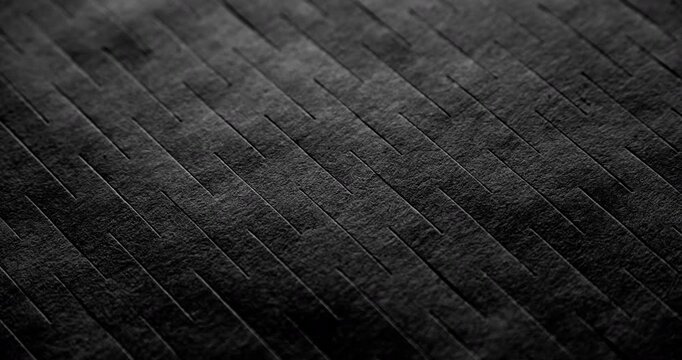 Macro Black Texture with Diagonal Grooves. Slow panning footage across a dark matte surface featuring parallel linear ridges, revealing subtle depth through shifting shadows and highlights.