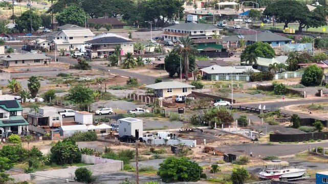 Rebuild of Lahaina, Maui, Hawaii, Wildfire Burn Zone Drone tight shot 
