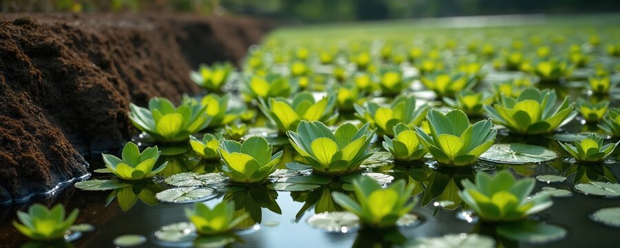 Dense green water lettuce float on dark pond water surface. Plants form thick mat near muddy bank. Sunlight shines on floating flora in shallow water.