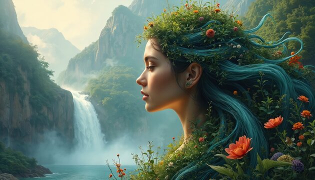 Woman with blue hair like water, adorned with green plants and flowers. Waterfall and mountains form her profile. Nature goddess embodies earth and renewal concept.