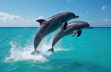 Fototapeta premium Two dolphins leap from turquoise ocean water with splashing waves. Aquatic mammals play joyfully under a clear blue sky. They swim fast, showing their sleek bodies in motion.