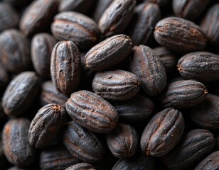 Obraz premium Pile of dried brown tonka beans close up. These aromatic seeds are used in perfumery, cooking, and traditional medicine. Good as ingredient or spice.