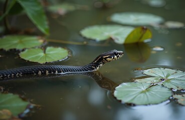 Water snake swims among lily pads in murky lake water. Reptile glides through pond with aquatic plants. Wildlife in natural habitat, pond life details, animal behavior.