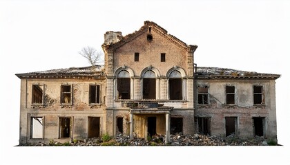 Obraz premium abandoned ruined building isolated on white background symbolizing decay history and urban texture