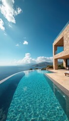 Fototapeta premium Infinity pool overlooks ocean from cliffside resort. Blue sky with clouds above calm sea. Stone house with balconies offers luxury vacation experience.