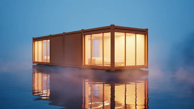 Floating glowing modular house reflected in mist over calm water at dusk.