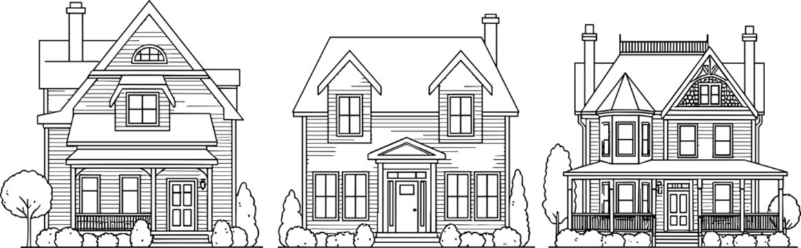 Set of black and white residential house line art vector illustrations featuring various suburban home architectures and classic cottage facade designs