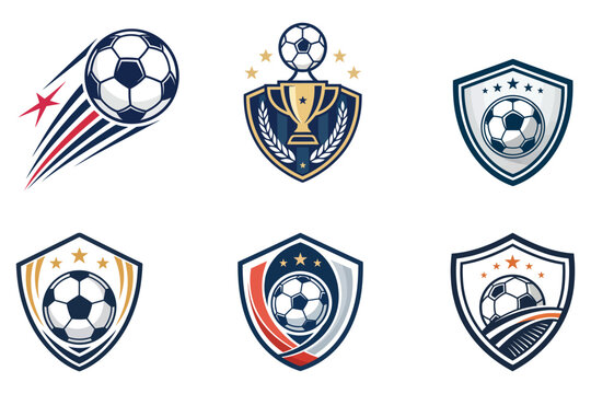 soccer football logo and shield icon set with ball, trophy and dynamic motion elements isolated on white