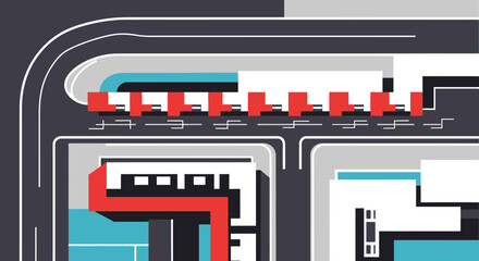 Abstract industrial machinery network with colorful pipes and circuits in a futuristic composition.