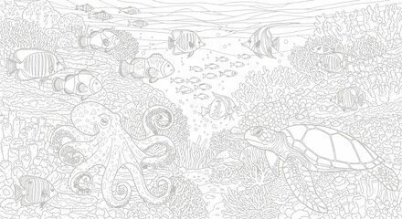 Obraz premium Whimsical underwater scene with octopus, turtle, fish and coral in intricate line art.