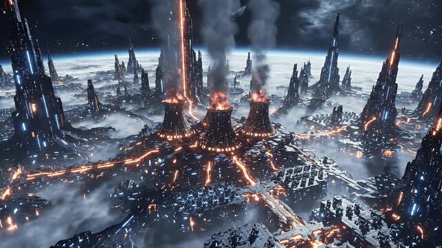 Epic fiery sci fi fortress amid molten landscape.