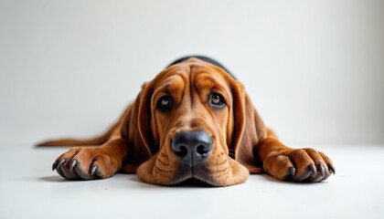 Obraz premium Sad bloodhound dog lies on white floor. Long ears hang down. Big brown eyes look up. Dog muzzle wrinkles. Purebred hound shows gentle expression.