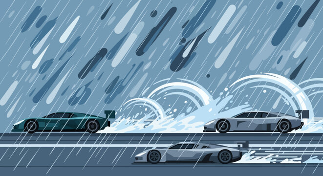 Rainy Night Traffic: Moving Cars Splash Through Wet Streets Under City Lights.