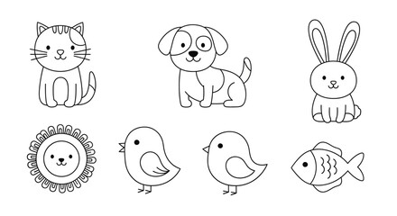 Obraz premium Collection of Cute Hand-Drawn Animals and Pets in Minimalist Line Art.