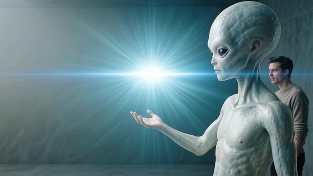 Alien humanoid interacting with glowing holographic cube while human observer stands behind in futuristic interior. Advanced extraterrestrial technology and interspecies encounter in sci fi setting.