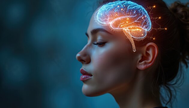 Woman with glowing brain overlay, representing intellect and mental energy. Her profile shows focus and clarity, highlighting cognitive function and inner thought processes for wellness.