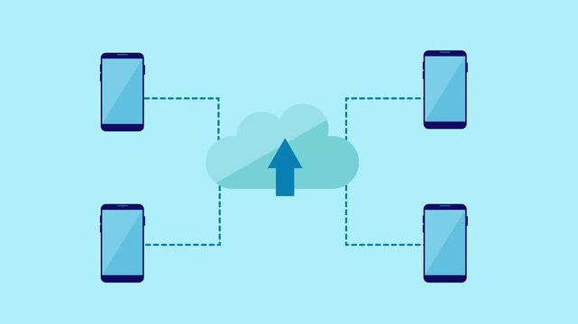 Flat vector illustration of a cloud with an upward arrow connected to multiple smartphones, representing mobile data upload, cloud storage, and wireless synchronization on a blue background.
