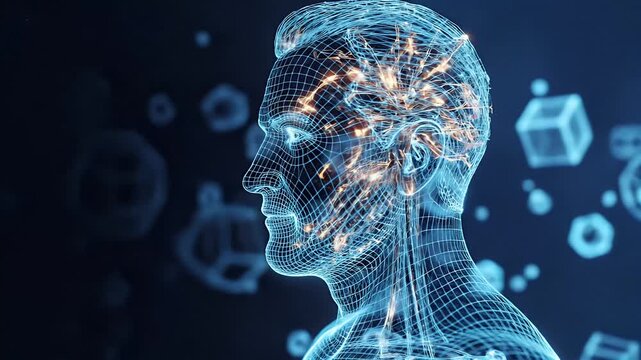 Futuristic digital human profile with glowing circuitry.