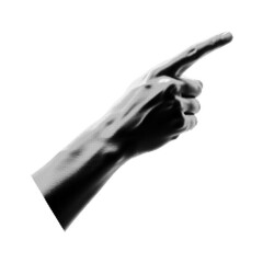 Halftone style close up of human right hand pointing finger directed right side with transparent background in monochrome black and white artistic illustration