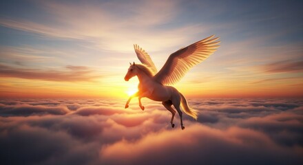 Majestic white Pegasus horse with large wings soaring through a breathtaking sunset sky above a sea of clouds.