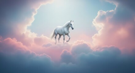 A majestic white horse gracefully walks through ethereal, pastel-colored clouds, bathed in soft, heavenly light.