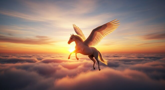 Majestic white Pegasus horse with large wings soaring through a breathtaking sunset sky above a sea of clouds.