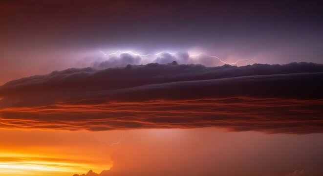 Dramatic sunset sky with a massive, dark storm cloud illuminated by lightning, creating a striking contrast between light and shadow.