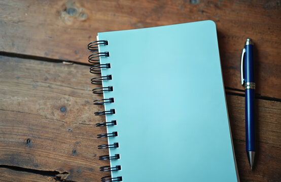 Notebook with light blue pages and blue pen rests on rustic wooden table. Blank pages invite writing notes, ideas, or meeting agenda. Ready for work.