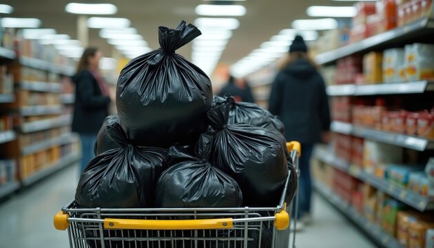 Full shopping cart with many black trash bags in a supermarket aisle. People shop in background, shelves with goods on sides. Consumerism overload concept. Excessive buying leads to waste.