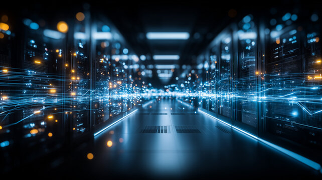 Modern data center corridor with streaming data trails symbolizing cloud infrastructure and high speed connectivity.
