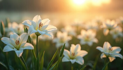 Obraz premium Field of white Easter lilies blooms. Soft morning sun shines on delicate flowers. Gentle light illuminates petals and stamens. Green leaves and stems grow. Peaceful nature scene.