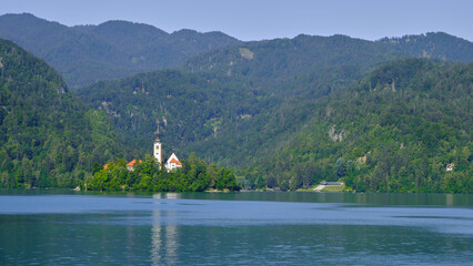 View of beautiful Church of the Mother of God over the lake Bled, Slovenia
