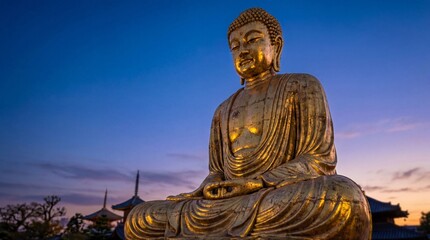Obraz premium Golden sitting Buddha statue at Thai temple during sunset. Buddhist meditation and spiritual serenity in Thailand. Makha Bucha Day religious observance and cultural heritage site