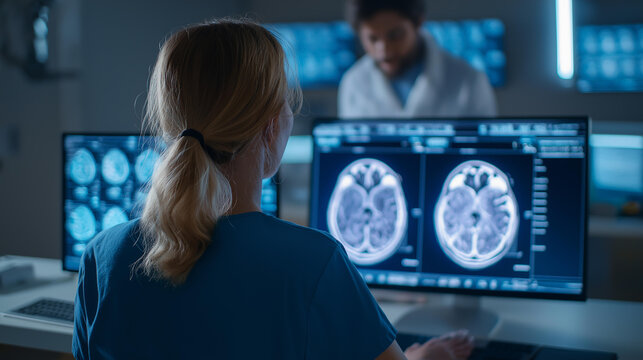 Patient reviewing CT scan results with radiologist, diagnostic center, medium shot, soft natural light with monitors glowing, documentary style, imaging diagnosis, treatment planning