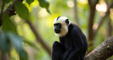 Naklejka premium Black monkey with white face and collar sits on tree branch in green jungle foliage. Primate looks left with curious gaze. Nature scene shows mammal in natural habitat.