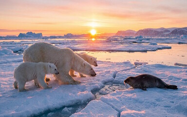 Naklejka premiumpolar bears hunting at sunrise