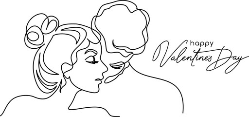 Loving couple. Happy Valentine's day card. Continuous one line drawing of man and woman.